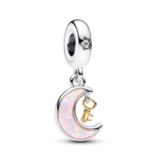 762985C01 - Moon and key sterling silver and 14k gold-plated dangle with clear cubic zirconia and pink lab-created opal