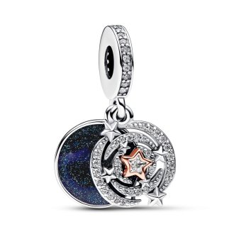782975C01 - Shooting star sterling silver and 14k rose gold-plated double dangle with clear cubic zirconia and shimmering blue enamel