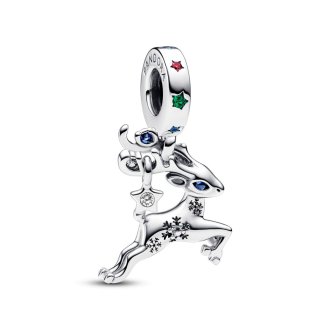 792826C01 - Magic reindeer sterling silver dangle with stellar blue and royal green crystal, red and clear cubic zirconia