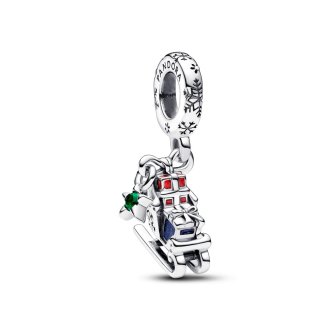 792977C01 - Christmas sleigh sterling silver dangle with royal green crystal, glittery blue and red enamel