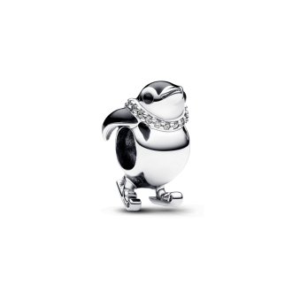 792988C01 - Skiing penguin sterling silver charm with clear cubic zirconia and black enamel