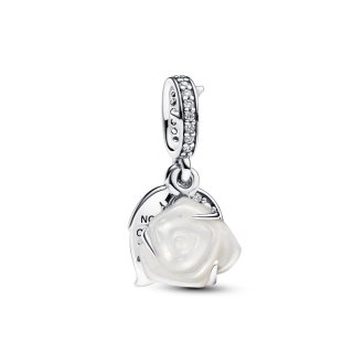 793200C01 - White rose sterling silver double dangle with white bioresin man-made mother of pearl and clear cubic zirconia