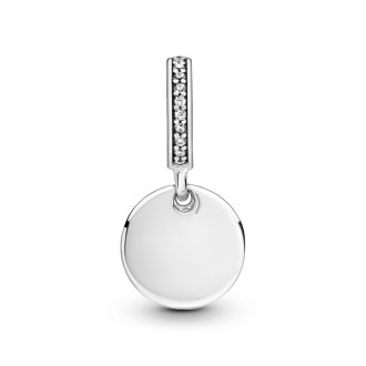 Engravable disc and heart sterling silver dangle with clear cubic zirconia