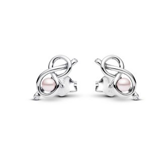 Infinity knot sterling silver stud earrings with pink lacquered artificial pearl and clear cubic zirconia