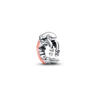 Shrimp sterling silver charm with clear cubic zirconia and pink enamel