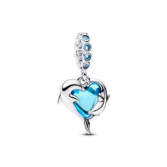 Dolphins sterling silver dangle with aqua blue Murano glass and icy blue crystal