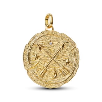 Crossing arrows 14k gold-plated medallion with clear cubic zirconia