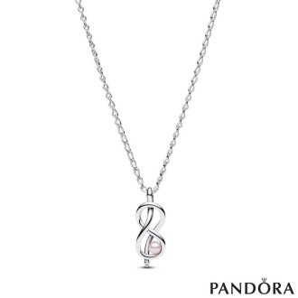 Infinity knot sterling silver pendant necklace with pink lacquered artificial pearl and clear cubic zirconia