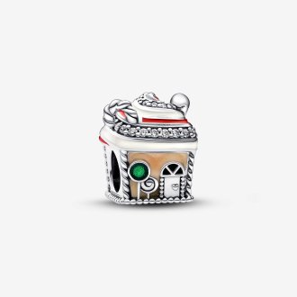 Gingerbread house sterling silver charm with clear cubic zirconia; white; red; brown and green enamel