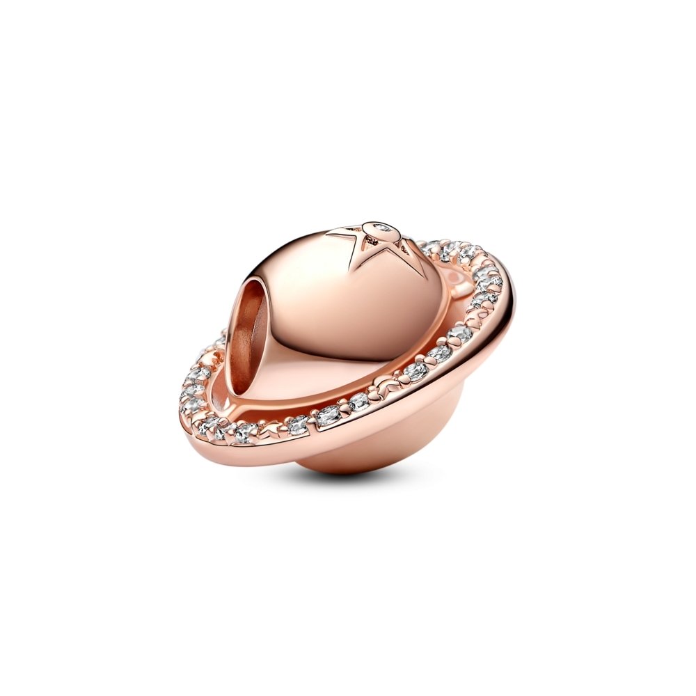 Saturn planet 14k rose gold-plated charm with clear cubic zirconia