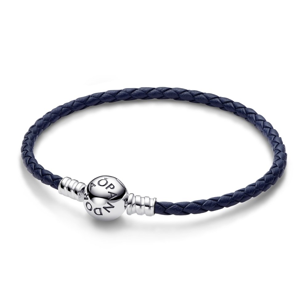 Blue Braided Leather Bracelet with Round Clasp | Official Pandora
